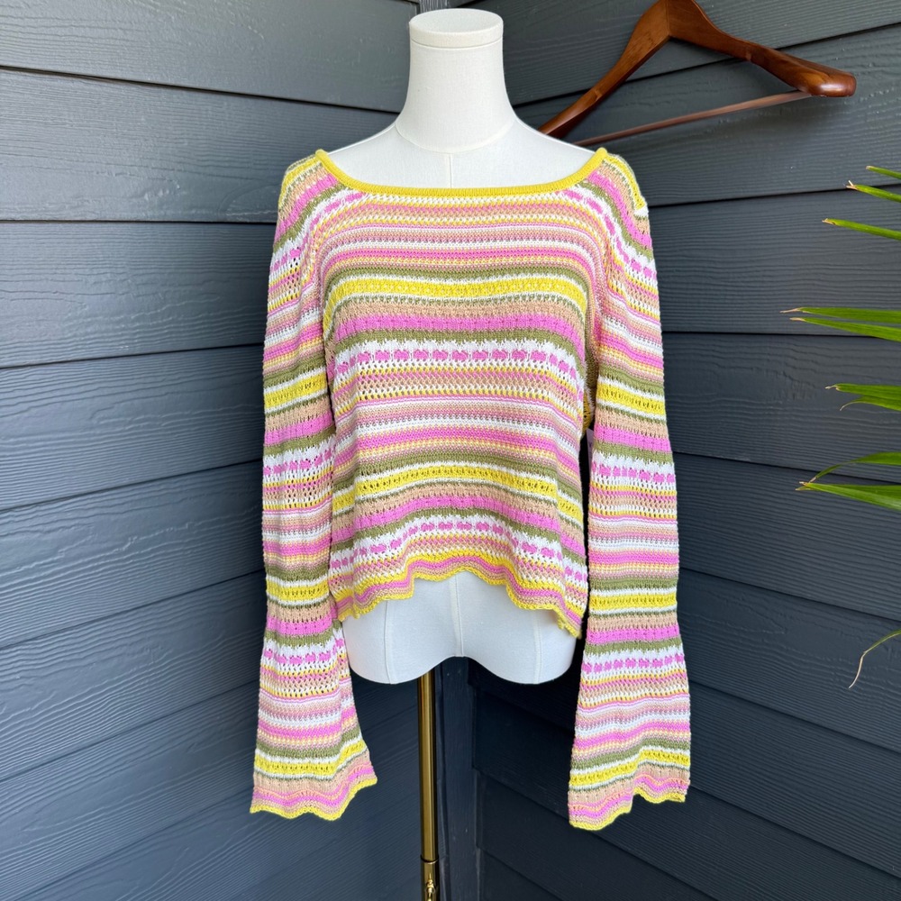 Jessica Simpson 100% Cotton Pointelle Bell Sleeve Sweater XL Cottagecore Boho